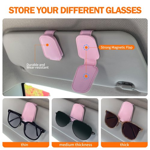 KIWEN Sunglasses Holders for Car Visor, Magnetic Leather Glasses Eyeglass Clip for Car, Ticket Card Clip Sunglasses Mount, Car Visor Accessories Gadgets (1, Pink)