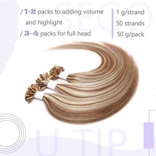 SEGO U Tip Hair Extensions Real Human Hair Pre Bonded Keratin Fusion Nail Tip Balayage Natural Silky Straight Extensions 50 Strands 50g/Pack -18 Inch Golden Brown&Bleach Blonde