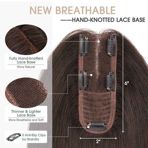 S-noilite Real Human Hair Toppers for Women - 100% Real, 2.25"x6" Lace Silk Base, 12" Dark Chocolate Brown