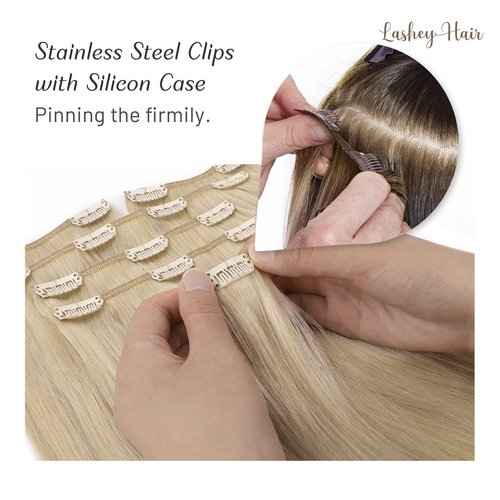 Clip in Hair Extensions, 18 inch Ash Blonde to Golden Blonde and Platinum Blonde Hair Extensions Clip in Human Hair Lashey Hair Extension Real Human Hair 120g 7pcs