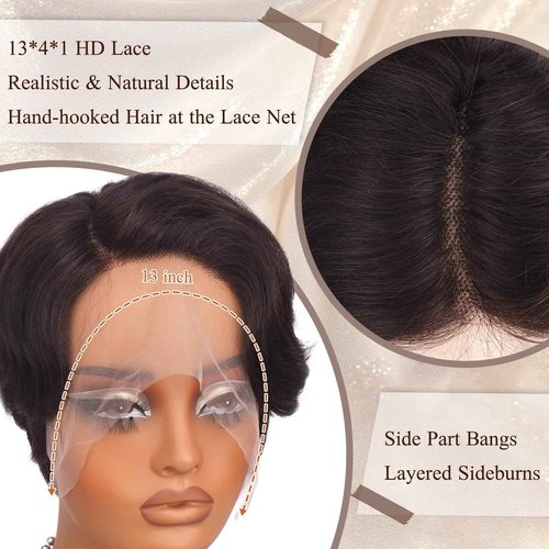 RUWISS Short Human Hair Wigs for Black Women Pixie Cut Wave Lace Front Human Hair Wig with Side Part Bangs for Women, Natural Hairline 100% Real Human Hair Wigs Short Bob Wig Daily Wear, Natural Black