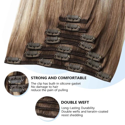 COOKAYU Clip in Hair Extensions Human Hair, 8/60 Ash Brown to Platinum Blonde Ombre Real Hair Extensions Clip in Human Hair, 16inch 120g 7Pcs
