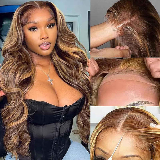 24 Inch Highlight Ombre Glueless Wigs Human Hair Pre Plucked Pre Cut 200% Density 5x5 HD Lace Closure Wigs Human Hair Honey Blonde Body Wave Wear and Go Glueless Wig for Women 3X Longer Lifespan