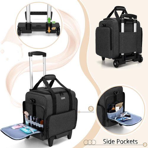 BAFASO Rolling Makeup Case with 3 Removable Pouches and 1 Makeup Brush Bag, Professional Makeup Train Case Cosmetic Bag with Detachable Dolly (Patented), Black