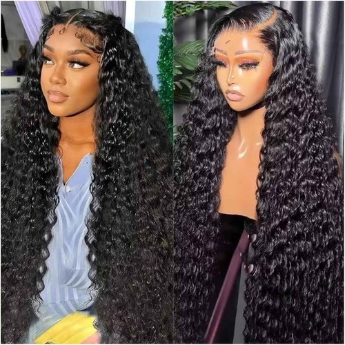 Jumida 24 Inch 13x6 Lace Front Wigs Human Hair Water Wave 200 Density 13x6 HD Full Lace Frontal Wigs Pre Plucked Wet and Wavy Glueless Deep Curly Human Hair Wigs for Women Natural Black