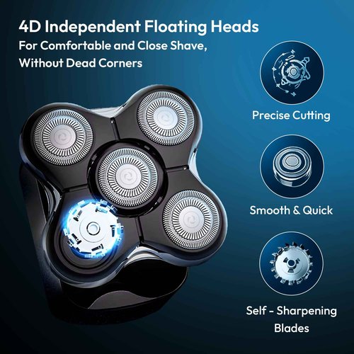 5D Electric Head Shaver for Bald Men – Waterproof Wet/Dry Razor – USB-C Fast Charge – 6-in-1 Grooming Kit with Beard & Nose Trimmer – Cordless, Portable, Travel-Friendly Head Shaver