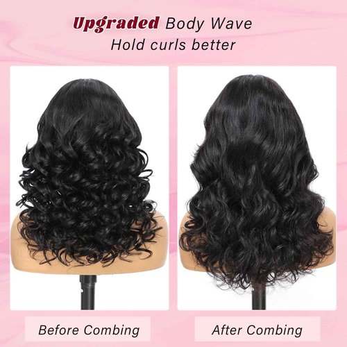 Doiwile 13x6 HD Lace Curtain Bangs Wig Human Hair 200% Density PartingMax Lace Wigs Bouncy Loose Wave Lace Front Wigs Human Hair Pre Cut Plucked Lace Frontal Glueless (Black Color, 16”)