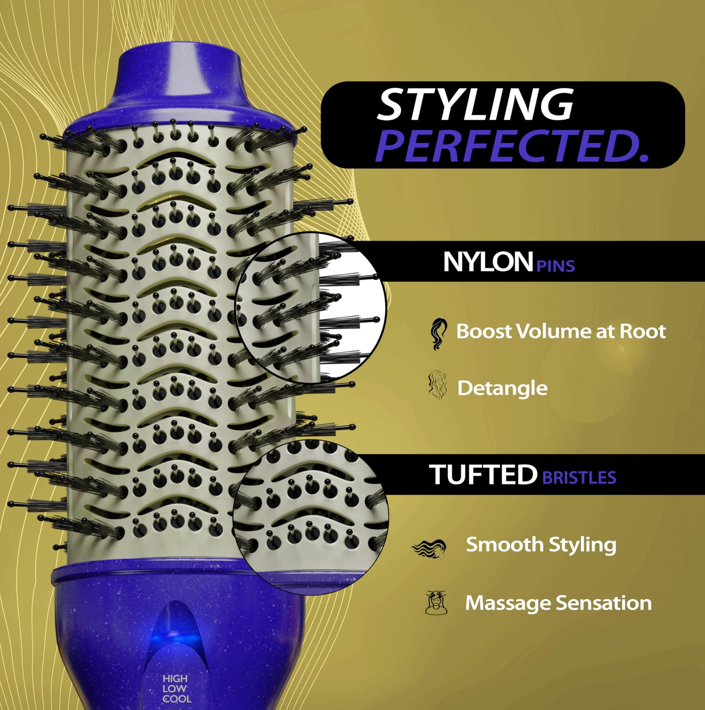 3” Large Barrel Ionic Hot Air Brush Hair Dryer – 75 mm One‑Step Volumizer Blowout Brush for Thick & Long Hair, 1100 W Plastic‑Tourmaline, Frizz Control, 3 Heat / 2 Speed, 13” Length