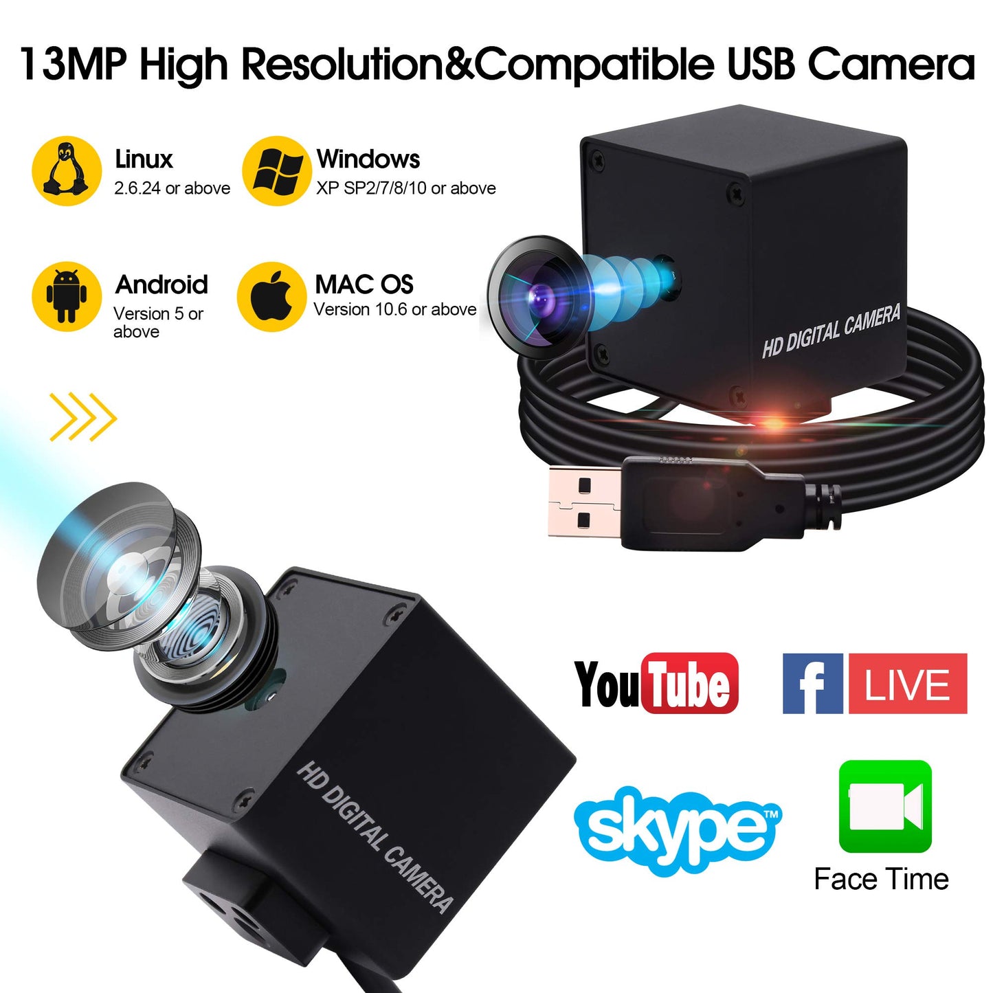 13mp USB Camera with Microphone Autofocus Audio Video Webcam for Computer Mini UVC USB2.0 PC Camera with Metal Case Industrial Embedded USB with Camera IMX214 Web Camera for Laptop Jetson Nano