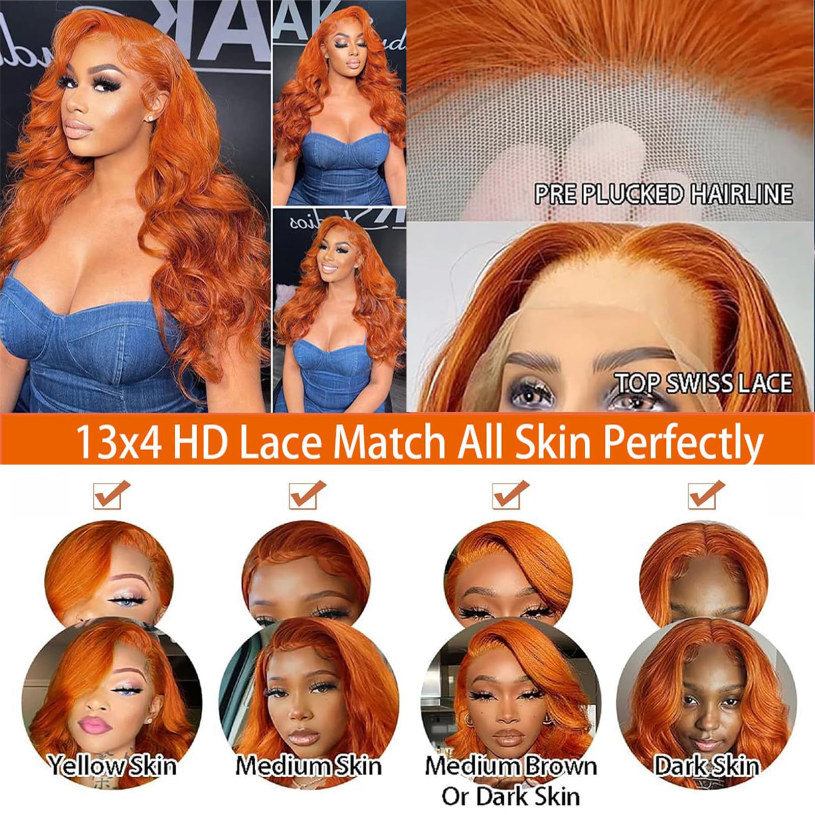 Ginger Lace Front Wigs Human Hair 13x4 HD Transparent Lace Frontal Ginger Orange Wig Human Hair Pre Plucked 180% Density Glueless Colored Lace Wig for Black Women 26 Inch
