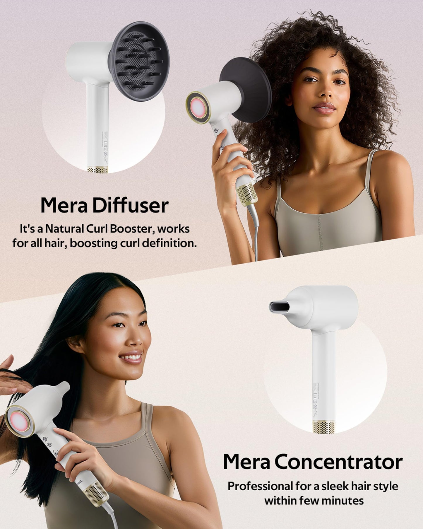 Professional Bi-Ionic Hair Dryer- mera Classic -Fast Drying Salon Results Blowdryer w/Magnetic Diffuser & Concentrator for Women, One Button Safe Mode for Cooling, cUL Certified, Lightweight, Travel