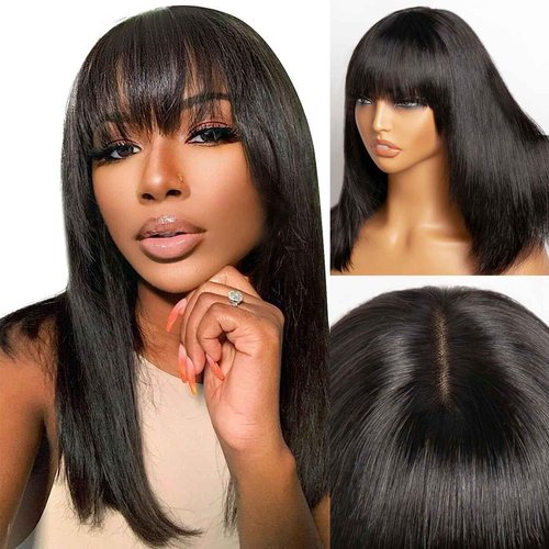 CORDELIA Bob Wig with Bangs Human Hair Wigs Glueless Wigs Straight Layered Bob Wigs with Bangs 1X3 Transparent Lace Bob Wigs Black for Women (14)