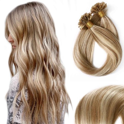 SEGO U Tip Hair Extensions Real Human Hair Pre Bonded Keratin Fusion Nail Tip Balayage Natural Silky Straight Extensions 50 Strands 50g/Pack -18 Inch Golden Brown&Bleach Blonde