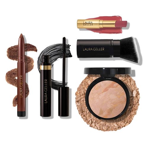 Finishing Touches Kit: Baked Balance-n-Brighten Powder Foundation, Fair + Airbrush Kabuki + Jelly Balm Tinted Lip Balm, Figger Than Life + Kajal Eyeliner, Dark Brown + Kajal Mascara