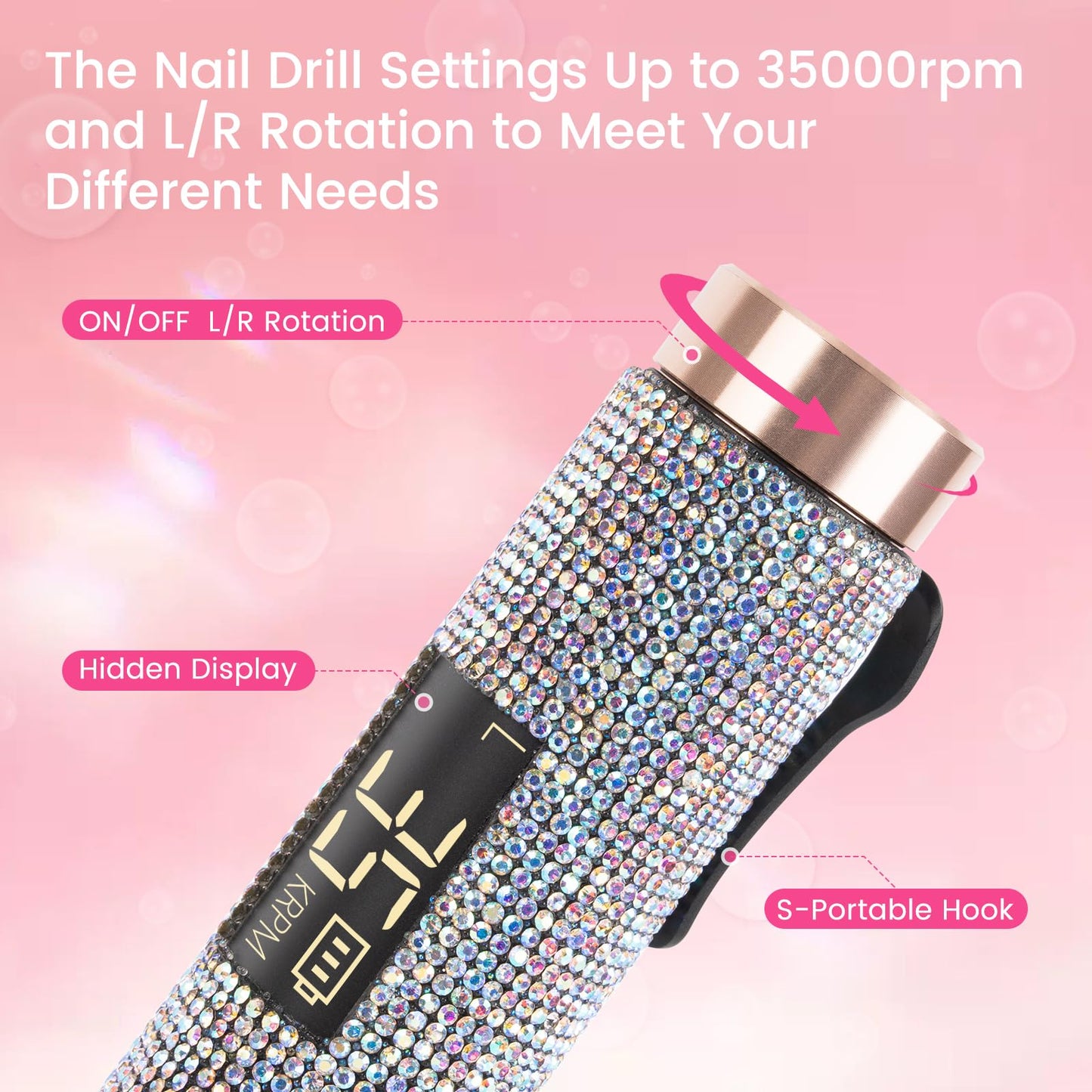 Lavinda Diamond Electric Nail Drill, Professional Rechargeable 35000RPM Electric Nail File Cordless Portable Nail Drill with Coreless Motor for Acrylic Nails (AB Rhinestone)