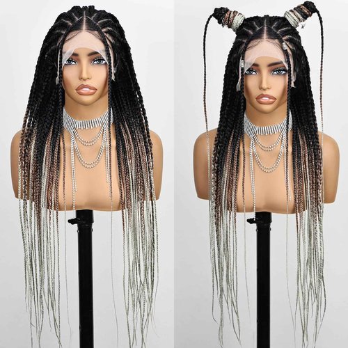 FABÉLLE 30 Inch Braided Wig Non Embroidered Full Lace Knotless Box Braided Wigs 3 Tones T1B/30/613 Long Braiding Hair Wigs Synthetic Lace Front Wigs for Women