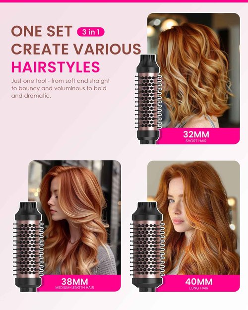 Thermal Brush Set 3 in 1 Hot Hair Curling Iron Brush, Dual Voltage 110-220V Travel Round Head Hair Styling 11 Temp Settings Fast Heated（1.25"&1.5"&1.75" for Women Volume Smoother