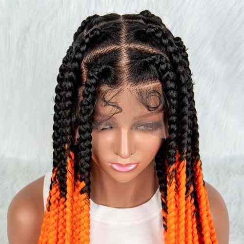 A ANYTIME 36 Inch Transparent Full Lace Braided Wigs Knotless Box Braided Lace Wigs for Black Women with Baby Hair Synthetic Lace Front Colored Braiding Wigs(OTORANGE)