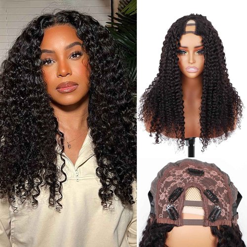 V Part Wig Human Hair 12A Deep Curly Wig Human Hair Glueless U Part Wig with Clip 180% Density Half Wigs for Women Beginner Friendly No Sew In No Glue (1B, 18inch)