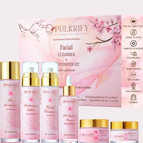 Luxurious Korean Style Cherry Blossom Facial Cleanser & Moisturizer Set Facial Cleanser, Moisturizer, Revitalizer, Serum, Rejuvenator, Eye Cream, Daily Skincare Routine, Retinol-Free, All-skin types