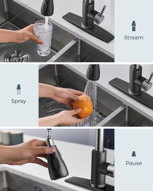 FORIOUS Kitchen Faucets with Pull Down Sprayer, High Arc Single Handle Classic Stainless Steel Sink Faucet 1 or 3 Hole, Suitable for Farmhouse Camper Laundry Rv Bar, Black Brushed