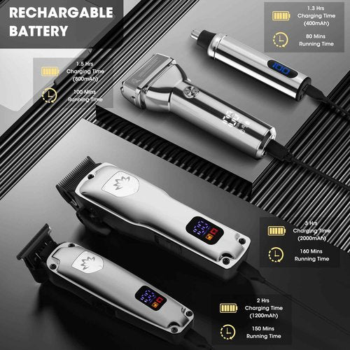 Karrte Professional Hair Clippers and Trimmer Set for Men, T-Shaper Trimmer & Foil Shaver, Nose & Ear Hair Trimmer, Cordless Clippers and Grooming Set, Hair Cutting Kit with LED Display Silver