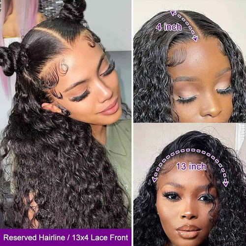 Bling Hair 28 Inch Deep Wave Frontal Wig Human Hair Pre Plucked Glueless Human Hair Wigs for Women 13x4 HD Lace Front Wigs Human Hair Deep Wave Wig 180% Density Natural Hairline Closure Wigs Black Wig