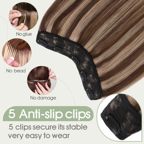 S-noilite One Piece Clip in Hair Extensions Human Hair Balayager One Piece/5 Clips 3/4 Full Head V Part Weft Thicker Hair Lace Net One Piece Hair Extensions(22"-70g,#Medium Brown/Dark Blonde)