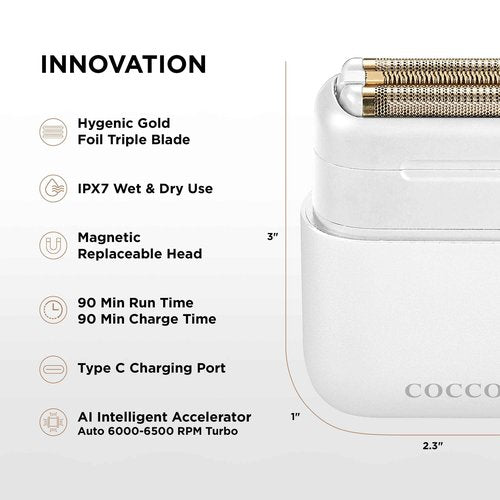 COCCO IMPACTO Shaver, Hygienic Gold Foil Triple Blade, White, Wet & Dry Use, Magnetic Replaceable Head, Intelligent Accelerator, 90 Min Run Time (White)