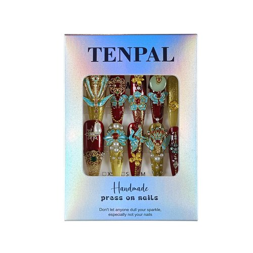 TENPAL 10Pcs Heirloom Chinese Bridal Press On Nails With Tools,Red Gold Phoenix Dragon Designs Fake Nails Long Stiletto,Full Crystals Heavy Relief Luxury Wedding Set Glue on Nails for Cheongsam(L)
