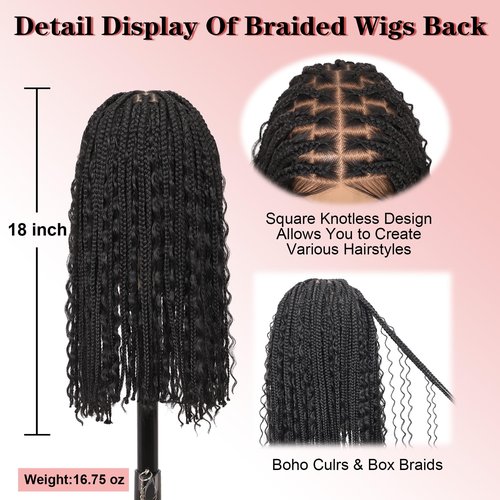 Zurffiy 13x8 Inch HD Lace Short Boho Braided Wigs for Women Knotless Braided Wigs with Curly End Synthetic Hair Brown Box Braid Wig with Baby Hair 18 Inch