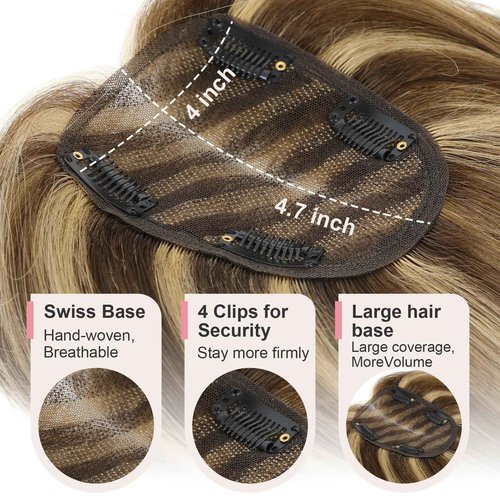 FU SHEN Hair Toppers for Women Real Human Hair 12inch Professional Grade 10X12CM Swiss Base Hairpiece for Thinning Hair Breathable Human Hair Topper Clip in Toppers(2#)