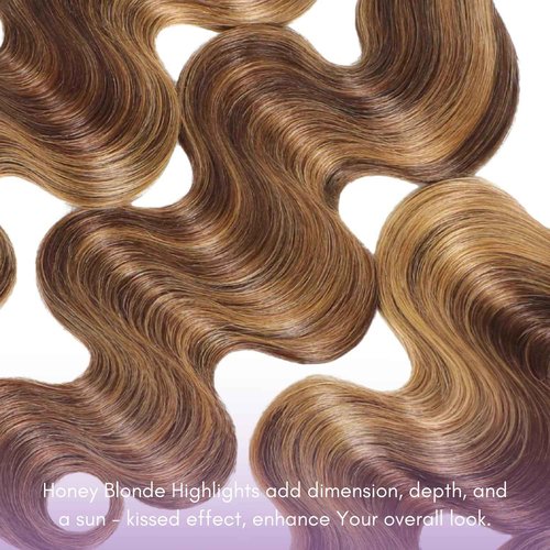 AUROO #P4/27 Honey Blonde Highlighted Body Wave Bundles Human Hair, 12A 100% Virgin Ombre Brown Brazilian Wavy Weaves Thick Track 3 Balayage Colored Human Hair Bundles Sew In Soft Remy 12 14 16 Inch