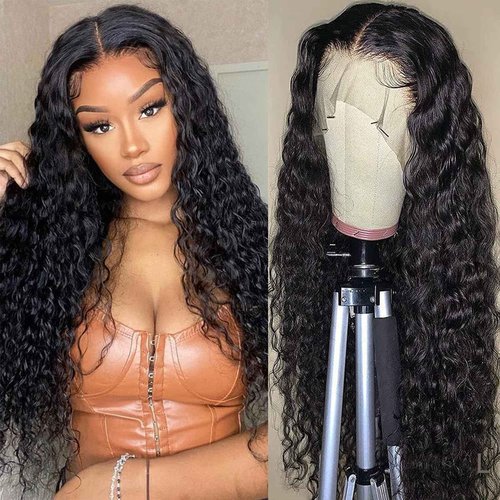 Deep Wave Lace Front Wigs Human Hair 180% Density Curly Lace Front Wig Human Hair 13x4 HD Transparent Glueless Lace Frontal Wigs Pre Plucked Natural Black 28 Inch