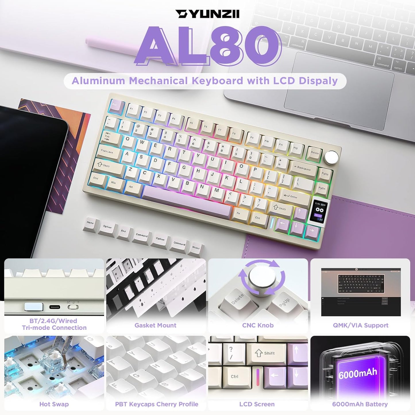 YUNZII AL80 Wireless Mechanical Keyboard,Full Aluminum CNC, Smart LCD Display,Hot Swappable Gasket Mount 75% Layout with Knob,BT/2.4G/USB-C,QMK/VIA Support for Win/Mac (Silver, Cocoa Cream V2 Switch)
