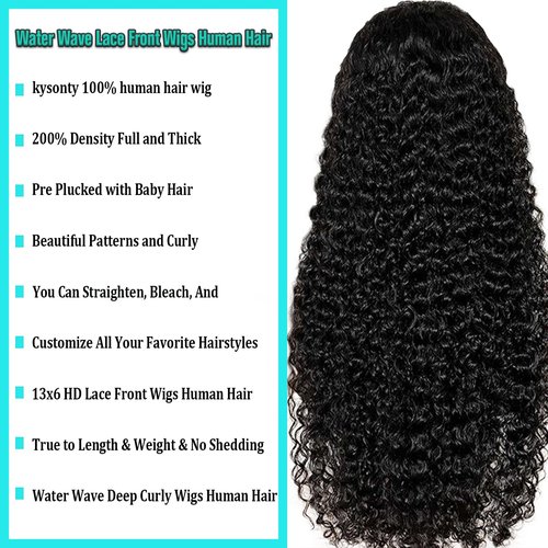 kysonty Water Wave Lace Front Wigs Human Hair 200% Density Deep curly Wet and Wavy 13x6 Hd Lace Frontal Wigs for Black Women Glueless Wigs Human Hair Pre Plucked with Baby Hair 22inch