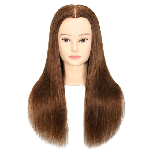 Female 100% Human Hair Mannequin Head Hair Styling Training Head Cosmetology Manikin Head Doll Head for Hairdresser with Free Clamp (brown) (22 Inch)