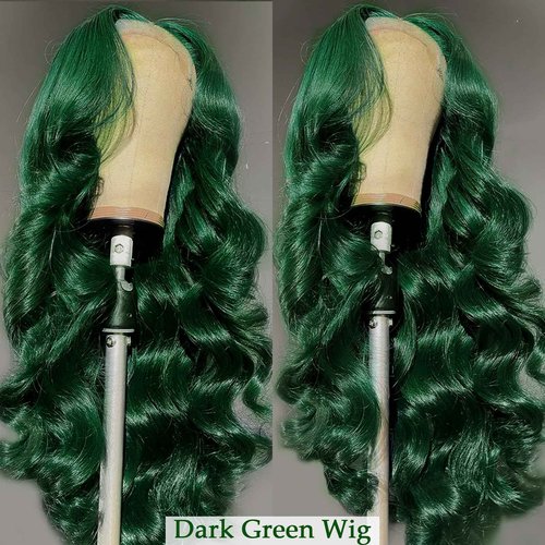 haha 13x6 Lace Front Green Human Hair Blend Wig Body Wave Dark Green Wig Human Hair Transparent HD Lace Frontal 13x6 Glueless Pre Plucked With Baby Hair 180% Density 26 Inch