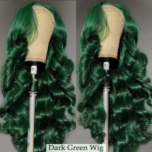 haha 13x6 Lace Front Green Human Hair Blend Wig Body Wave Dark Green Wig Human Hair Transparent HD Lace Frontal 13x6 Glueless Pre Plucked With Baby Hair 180% Density 24 Inch