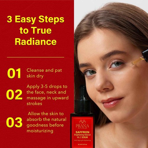 PRANA Saffron Brightening Vitamin C Face Serum – Ayurvedic Skincare with Pure Blue Lotus, Vetiver & Sandalwood – Hydrating Anti-Aging Serum for Even Skin Tone, Dark Spots & Radiant Glow (30ml)