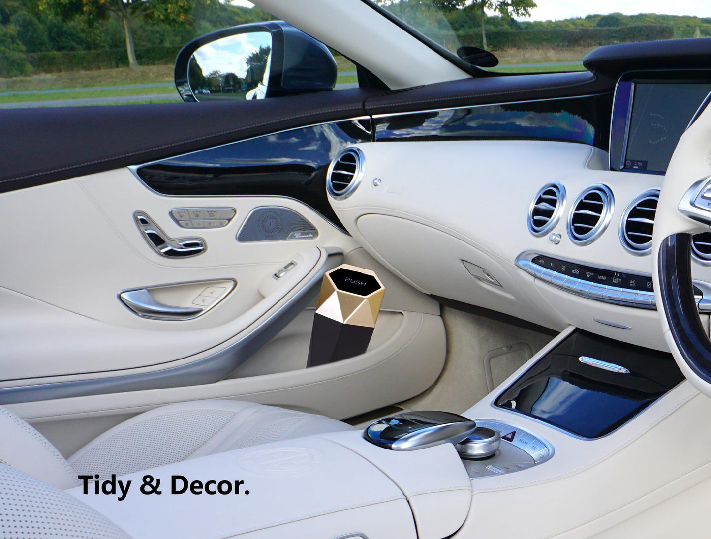 Ginsco Car Trash Can Cup Holder, Mini Car Trash Can with Lid, Car Accessories for Interior, Leakproof Small Trash Cup for Car, Home with Additional 2 ABS Hooks and 90pcs Trash Bags Golden