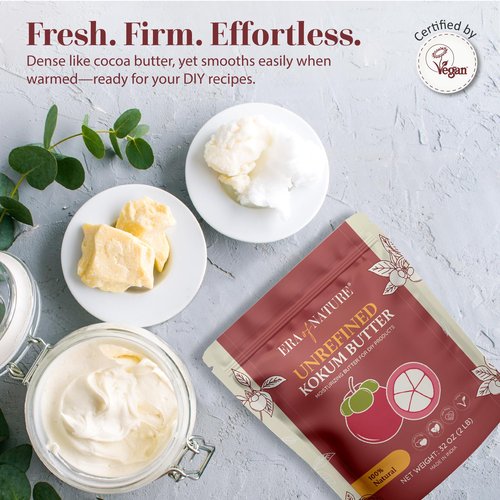 era of nature Kokum Butter Raw - 32 oz (2lb) – Natural Butter for Body Butters, Lotion Bars, Lip Balm, Soap Making – Blends Well with Shea or Cocoa Butter – For Stretch Marks, Scars, Pregnancy Care