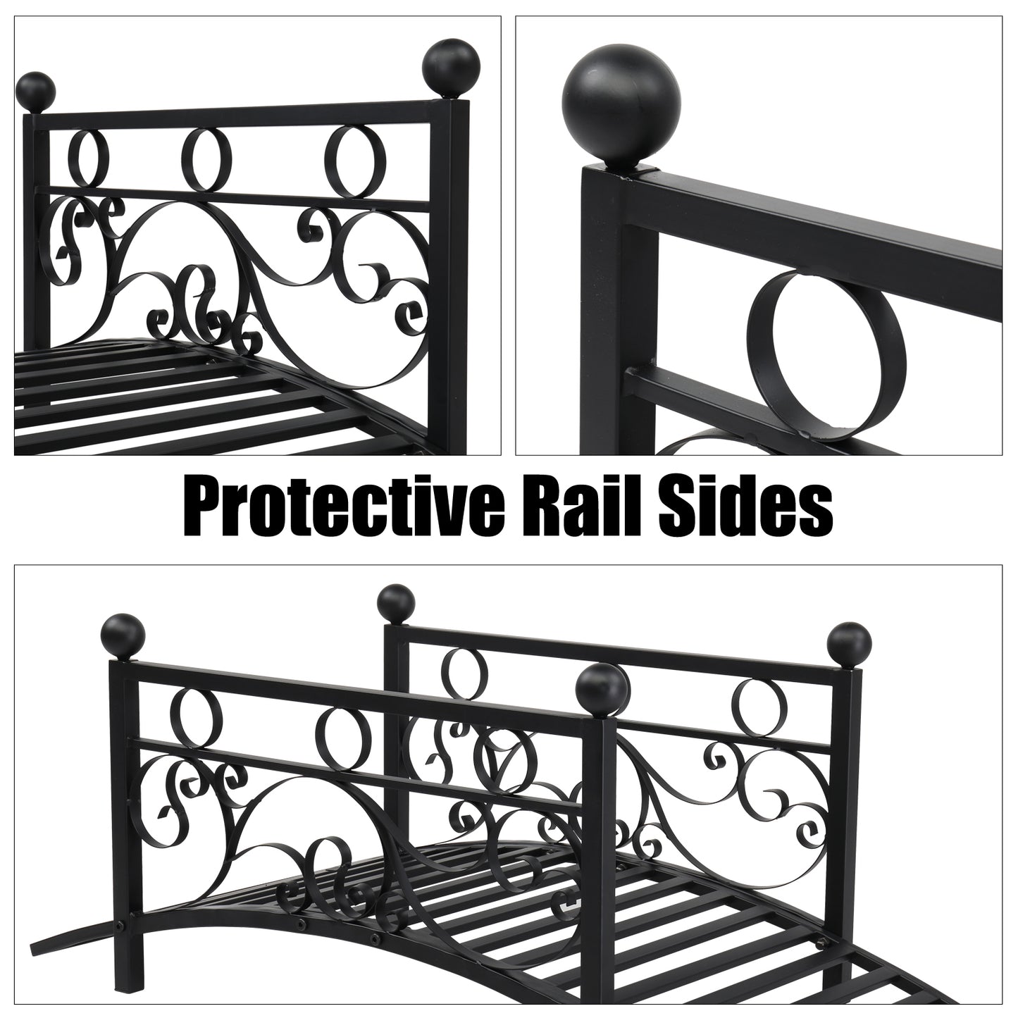 Metal Garden Bridge Outdoor Patio Pond Bridge with Powder-Coated Finish and Security Guardrail - Black