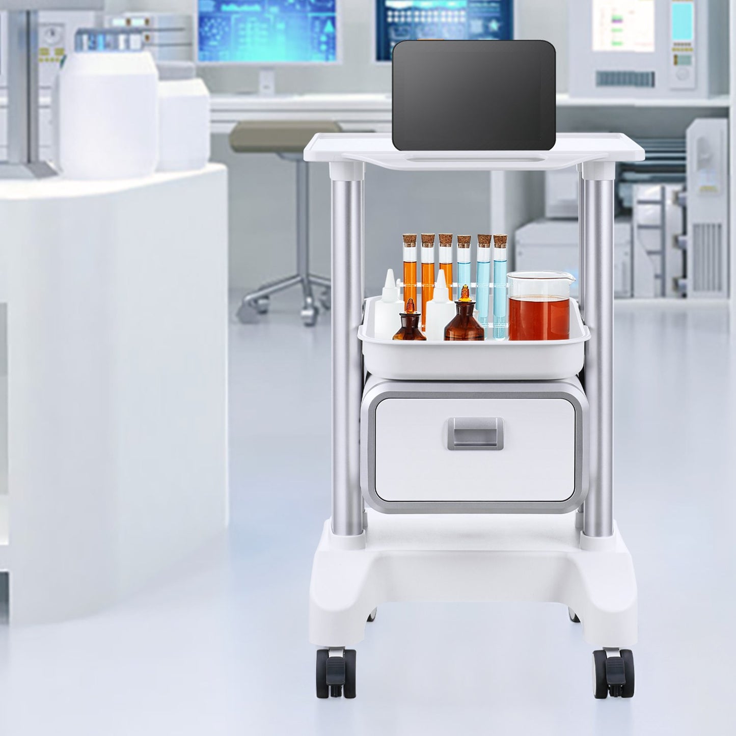 Mobile Medical Cart with Drawer & Top Tray - 2 Tiers, White