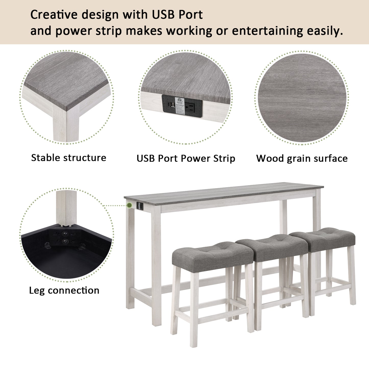 Bar Table Set with Power Outlet & 3 Padded Stools - Grey & White