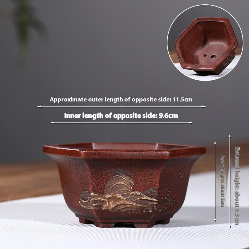 Purple Clay Flowerpot with Chinese Style Design Small Round & Square Options