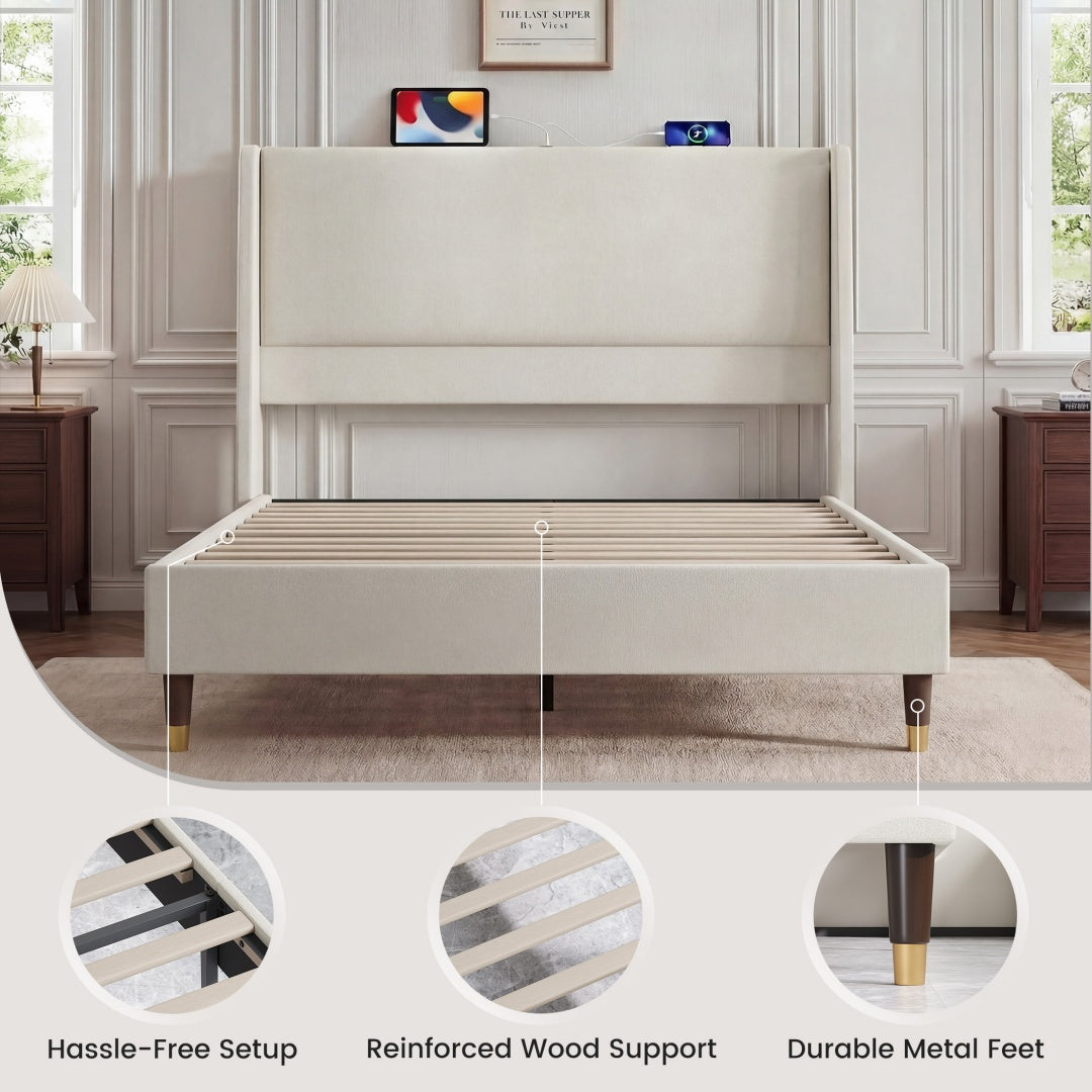 Full Size Upholstered Bed Frame with USB Charging Ports - Grey