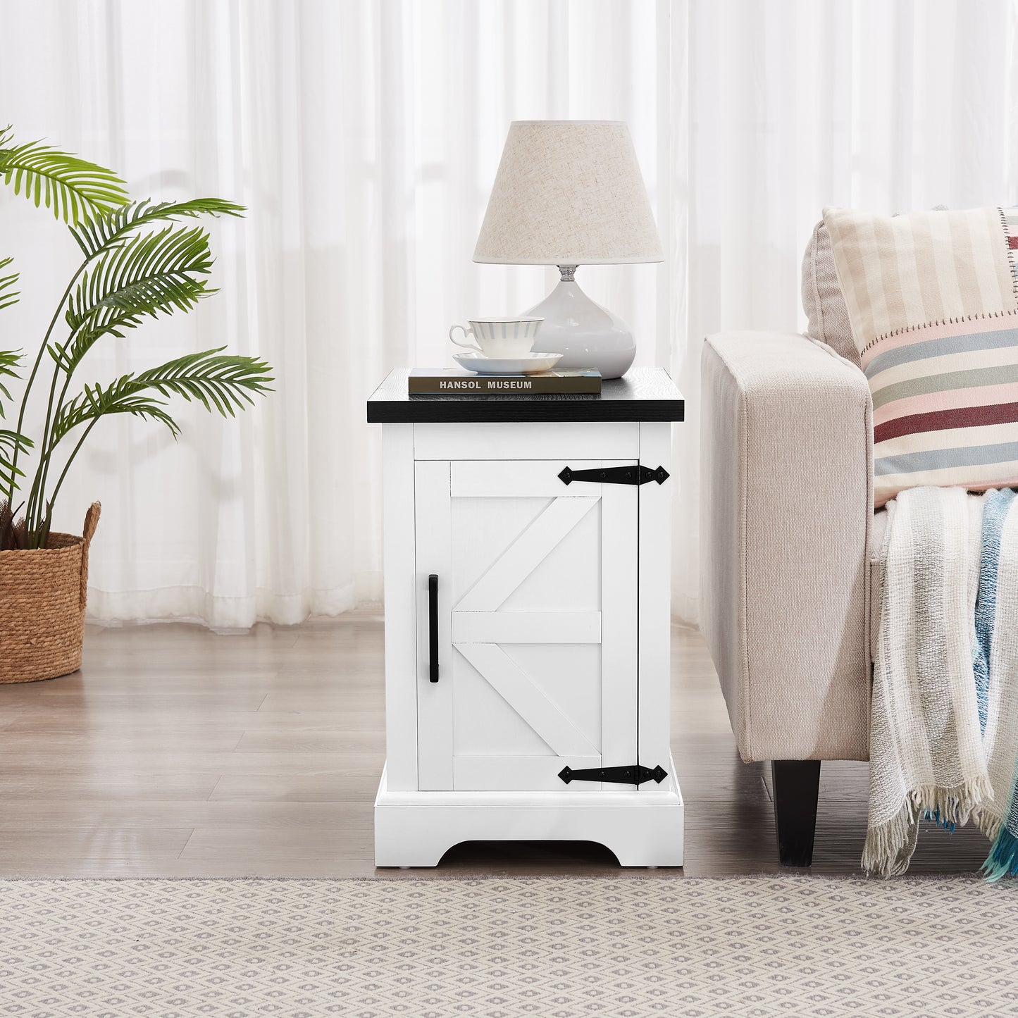 Farmhouse End Table with Barn Door & Adjustable Shelf - White