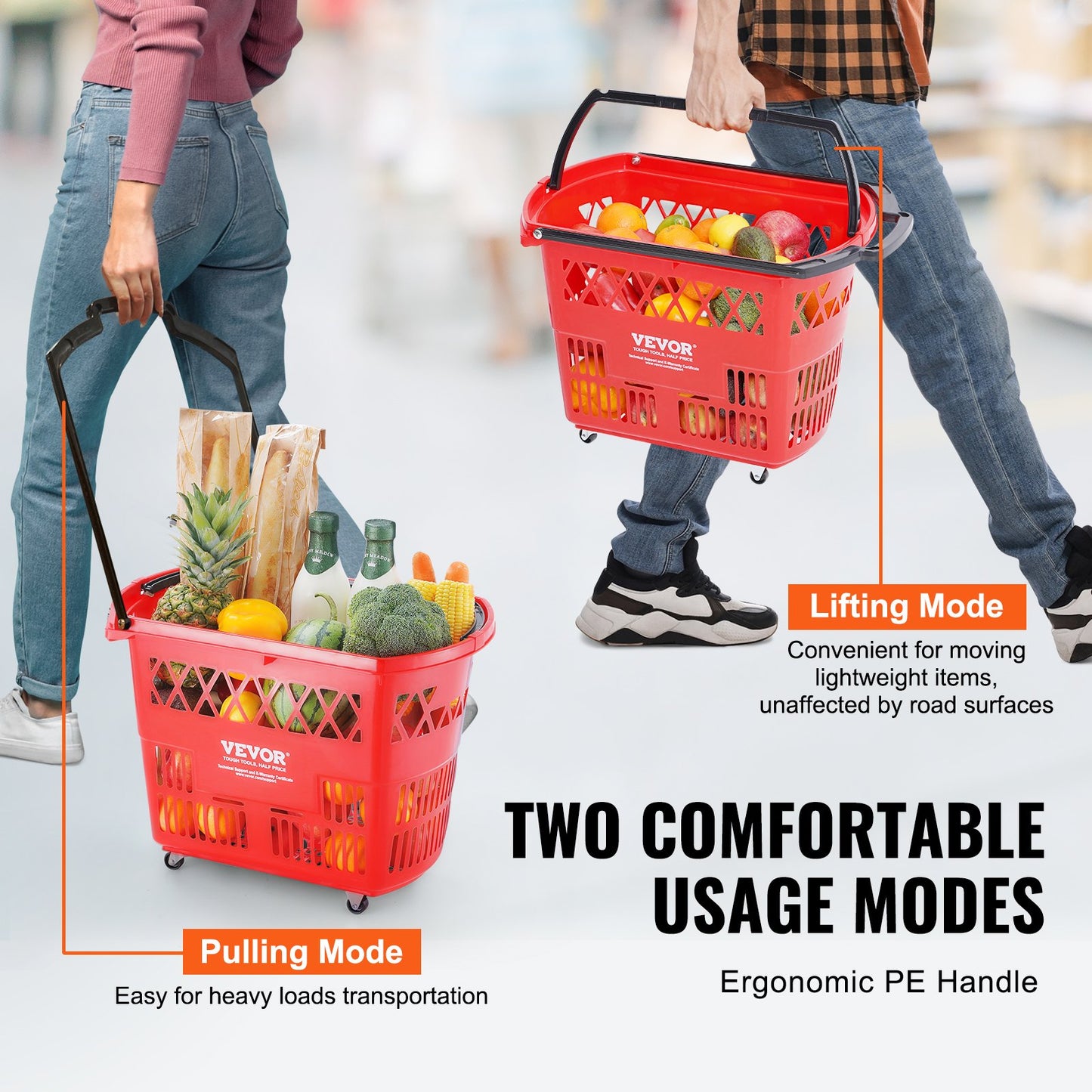 6PCS Large Capacity Plastic Shopping Trolley Baskets on Wheels - Red