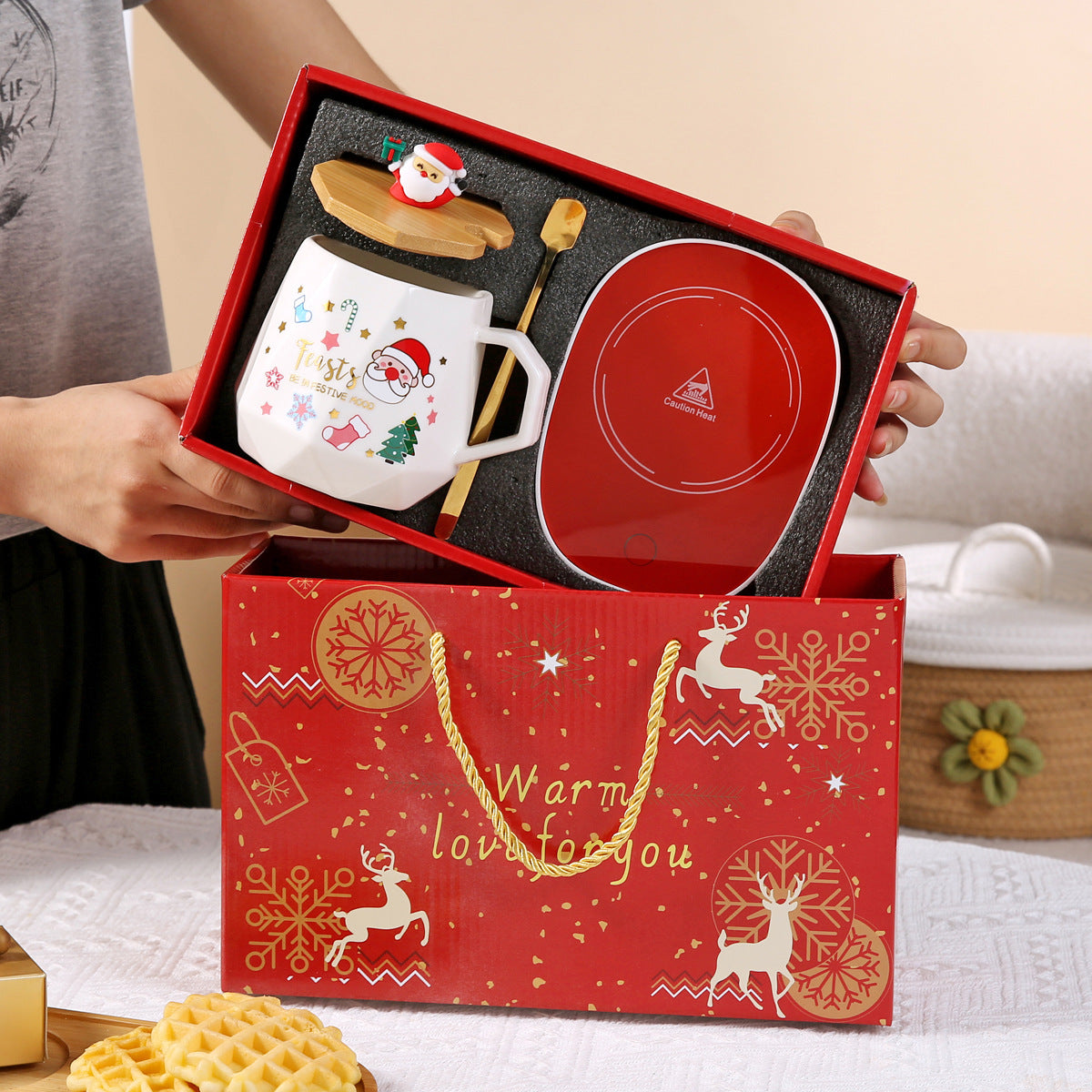 Christmas Gift Mug Set with USB Heating Coaster - Holiday Ceramic Cup